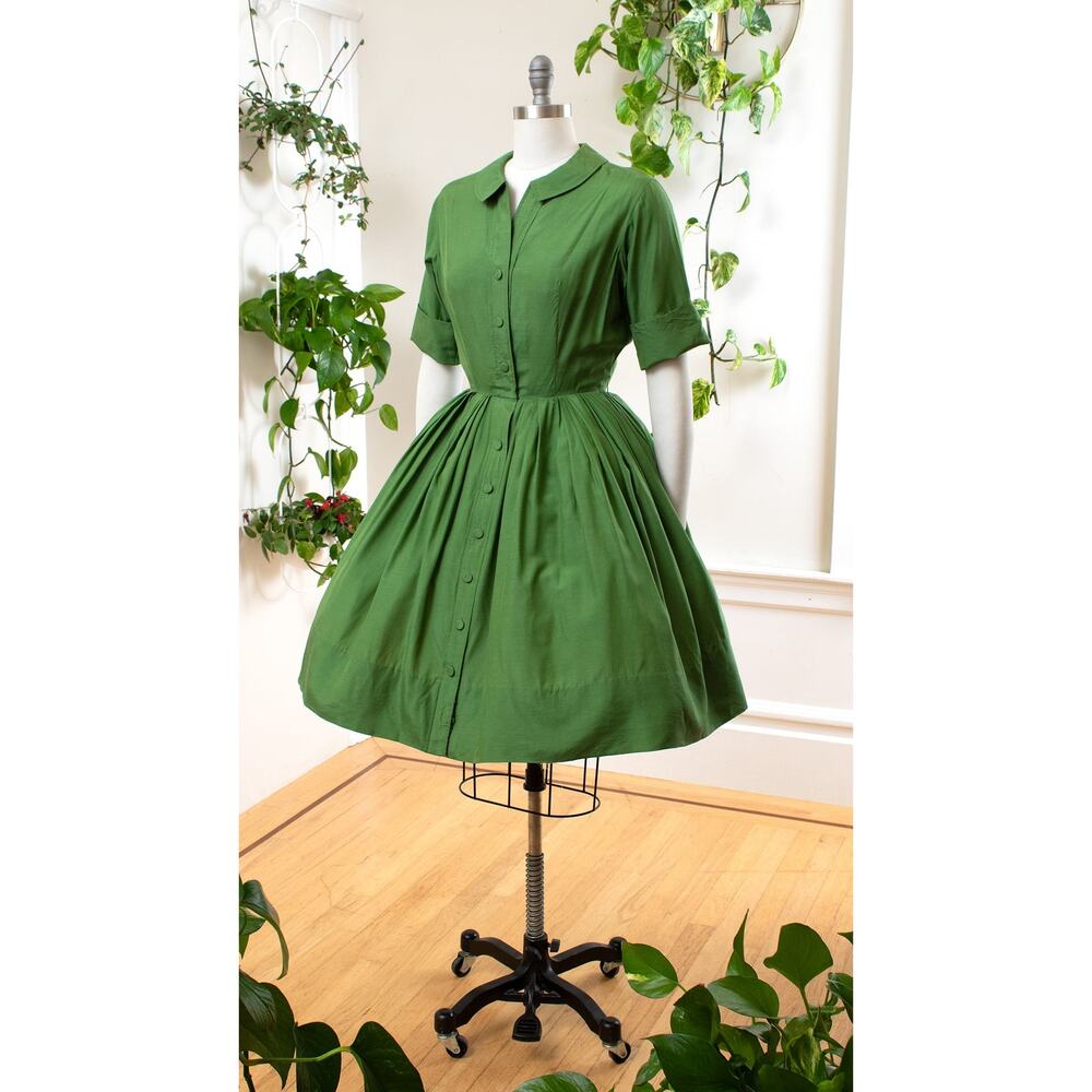 Vintage 1950s ALFRED SHAHEEN Dress 50s Green Silk Button Down Shirtwaist - Picture 3 of 8